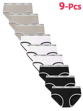 9pcs/Pack Sweet Girl Solid Color Minimalist Style Panties, Letter Waistband Comfortable Everyday Wear Triangle Briefs For Teen Girl