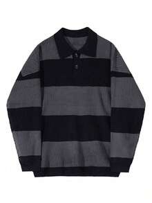 男士美式街头风韩版商务休闲通勤百搭条纹套头针织衫，秋冬款 - 黑色 - 查看 6