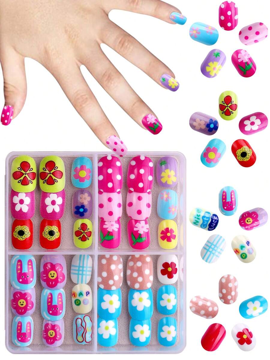 NAIO 96 Pcs/Set Y2K Baddie Style Kids Press-On Nails Art, Acrylic Material, Pre-Coated Gel, Full Coverage, With Sparkly And Cute Patterns Including Flowers And Polka Dots. Short Adhesive Nail Stickers, Suitable For Little Girls-Cute Garden Theme. Nail Supplies - Multicolor - View 1