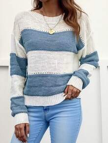 Contrast Color Striped Casual Pullover Sweater - Blue - View 2