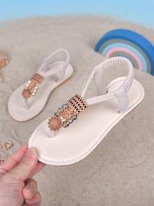 1双女童夏季休闲复古户外平底串珠波西米亚风罗马凉鞋 - 米色 - 查看 7