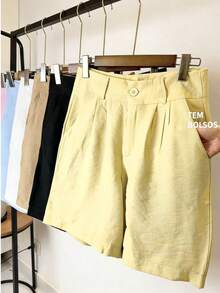 ISADORA FASHION WOMEN'S LINEN BERMUDA SHORTS WITH POCKETS ELEGANCE AND - Light Yellow - View 1