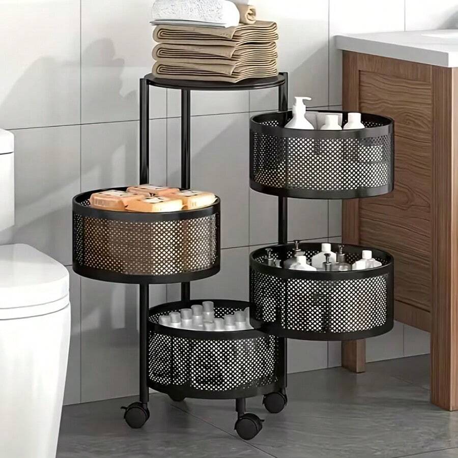 3/4-Tier Rotating Multi-Layer Round Storage Rack, Movable Storage Trolley, Round Floor-Standing Multi-Layer Rotating Vegetable Basket Storage Rack, Practical Storage Rack, Storage For Supplies And Documents, Ideal For Storage In Kitchens, Offices, Bathrooms, Living Rooms, Bedrooms, And Other Scenarios.