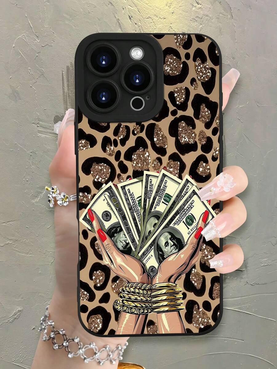 Fashionable, Popular, Personalized,Glitter Leopard & Money Pattern Design Theme Luxury Shockproof Aesthetic Cute Phone Case,Lens Protrusion Protection , Compatible With For IPhone 17/17Pro/17Pro Max, 16,15,14, 13, 12, 11 Plus/Pro Max And Series,And Compatible With For Galaxy S/A Series, Gift For Easter Day, Christmas Halloween Decoration/Gift For Birthday, Girlfriend, Boyfriend, Friend Or Yourself. - Black - View 1