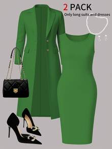 Bộ đồ 2 mảnh thanh lịch dành cho nữ cỡ lớn, màu trơn, tối giản, đa năng gồm áo khoác cardigan dài và váy ôm dáng dài ngang gối, phù hợp cho công sở và mặc hàng ngày, mùa xuân/thu/đông. - Xanh lá cây 19 - Xem 1