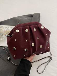 铆钉设计单肩包，纹理通勤手拿包，时尚百搭链条斜挎包，手机袋 - 酒紅色 - 查看 4