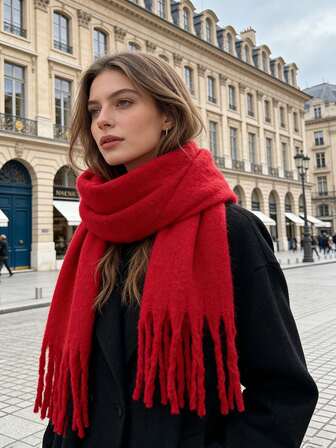 1 st. dam, fuzzy, lång, enfärgad halsduk, vintervarm halsringning, vinröd färg, stor och tjock omlott, överdimensionerad varm filthalsduk med tofs, förtjockad stickad tjock fransad sjal,