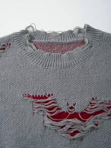 Men's Street Style Personalized Distressed Black Long Sleeve V-Neck Sweater, Casual Loose Pullover Knitwear Top, Suitable For Spring, Autumn And Winter - Grey - View 3