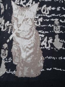 Men's Casual Loose Minimalist Aloof Cat Portrait & English Letter Print Retro Streetwear Knitted Crew Neck Pullover Sweater, Autumn/Winter - Dark Grey - View 4