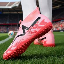 1 par de chuteiras de futebol, adequadas para grama sintética externa, campos de treinamento internos e esportes coletivos profissionais. Com cadarço, sola de borracha antiderrapante, design leve e de alto desempenho. Chuteiras de futebol populares, direto da fábrica. - rosa - Ver 4