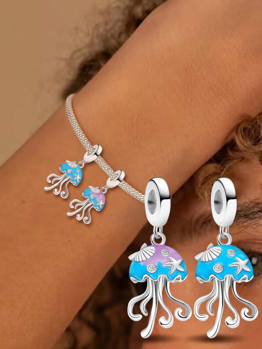 1pc Fashionable 925 Sterling Silver Shiny Jellyfish Pendant, Suitable For Women Jewelry DIY Bracelet - Beaded 2 - View 1