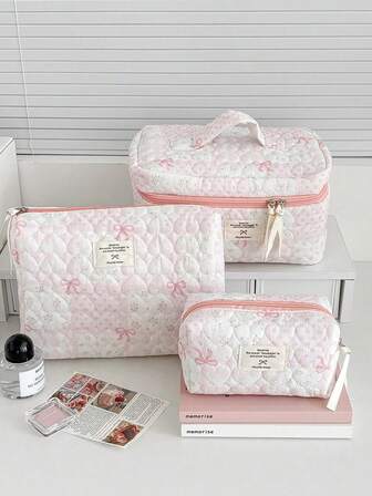 1 Pieza/Set Bolsa de maquillaje acolchada de gran capacidad en color rosa, bolsa de maquillaje con lazo de moda, bolsa de aseo, bolsa de cuidado de la piel, bolsa de tocador suave acolchada con cremallera, regalos para amigos y maestros, regalos de dama de honor, regalos para mamá, regalos de cumpleaños, decoración del hogar, decoración del baño, sala de estar, dormitorio, organizador de aceite labial