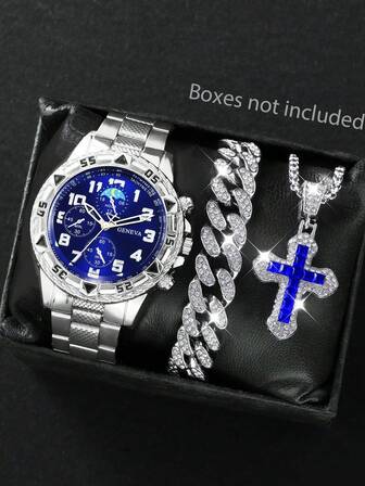1 Set: Oversized Alloy Men's Sports & Business Quartz Watch With Blue Dial, Cross Pendant Necklace, And Bracelet