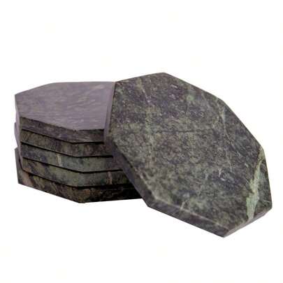 Set Of 6 Green Marble Stone Coasters Octagonal Polished Coasters 3.5 Inches 9 Cm In Diameter Protect...