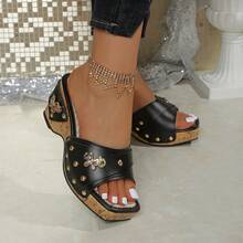 Vintage Elegant Sparkling Straw Lace Faux Pearl Waterproof Platform Thick Heel Comfortable Wedge Sandals, Suitable For Vacation, Daily Wear, Party, Gift For Women