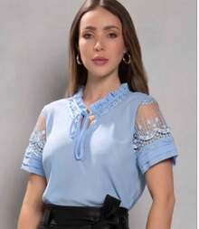 blusa feminina, blusa social tamanho slin e plusize, blusa manga curta, blusa elegante - Azul bebê - Visão 2