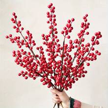 【人造圣诞浆果】4支人造圣诞红色浆果枝 | 手工装饰花环和圣诞树，逼真水果摆件，带花瓶，适用于客厅、厨房、卧室 - 圣诞节、万圣节、感恩节的理想之选 - 酒紅色 - 查看 5