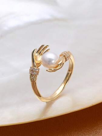 1 pieza Anillo ajustable con perla natural chapado en oro de 18K para mujer