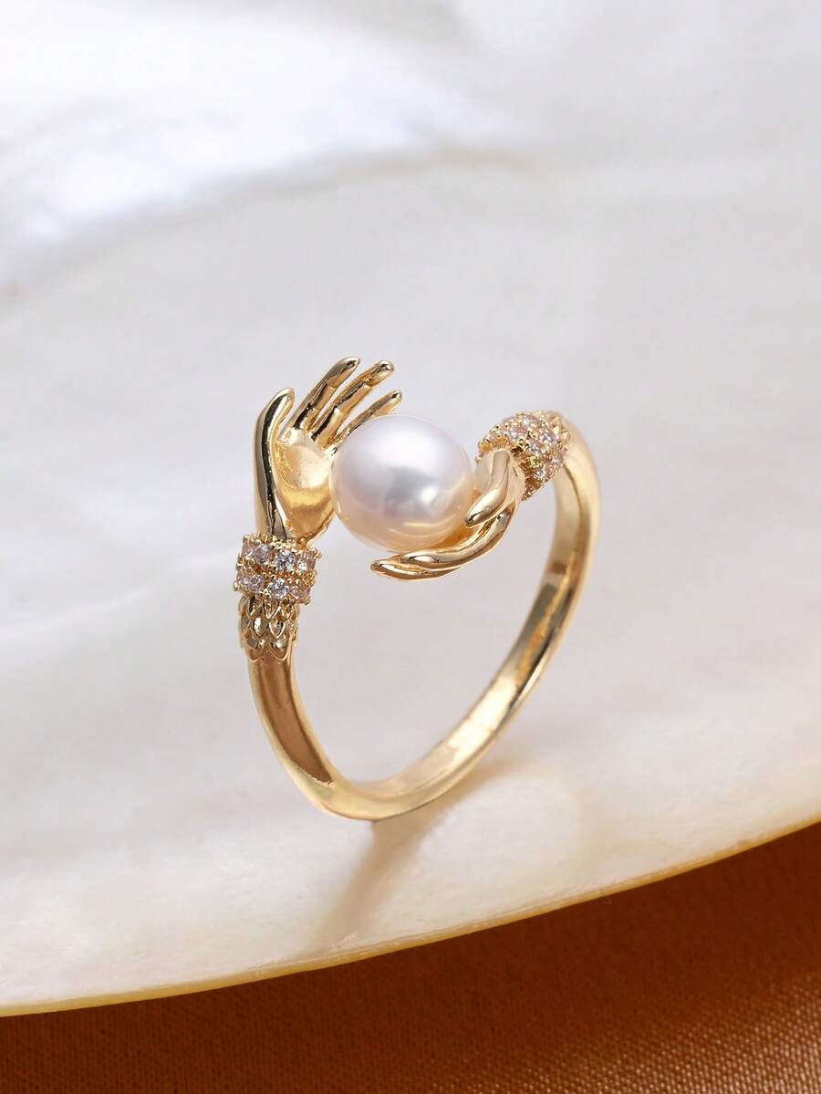 1pc 18K Gold Plated Freshwater Pearl Adjustable Open Ring For Women - Both Hands 1 - View 1