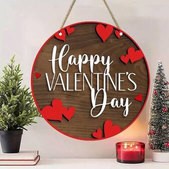 1pc Happy Valentine's Day Wooden Sign (8 Inch X 8 Inch/20cm * 20cm), Romantic Welcome Door Hanging Wooden Plaque, Aesthetic Room Decor, Home Decor, Wall Decor, Garden Gate Decor, Romantic Holiday Decoration