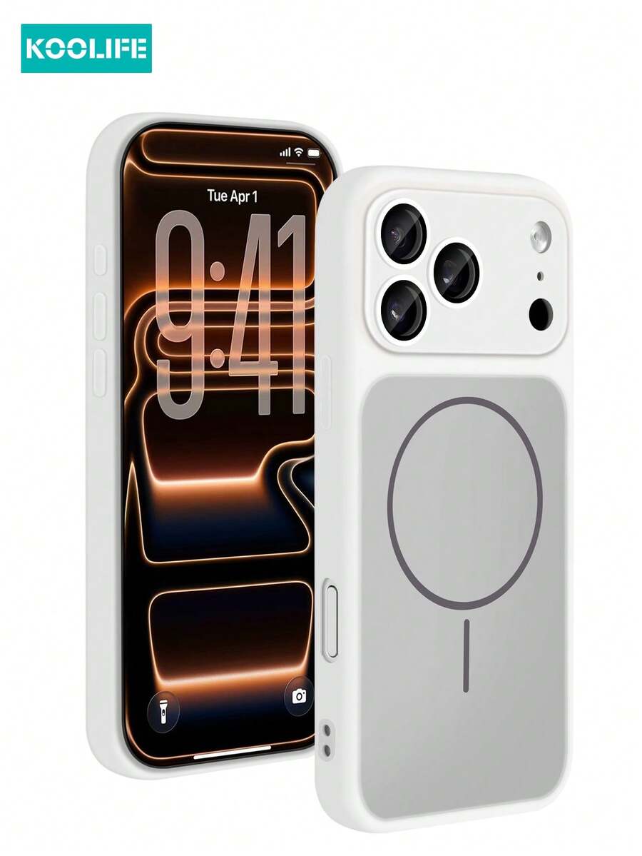 KOOLIFE 1pc Magnetic Adsorption Silicone Full Body Phone Case With Lens Film Compatible With Apple 17 Pro, Solid Color, Anti-Drop, PC+TPU, Compatible With Apple 17 Pro Max/ 17/ 17 Pro - White - View 1