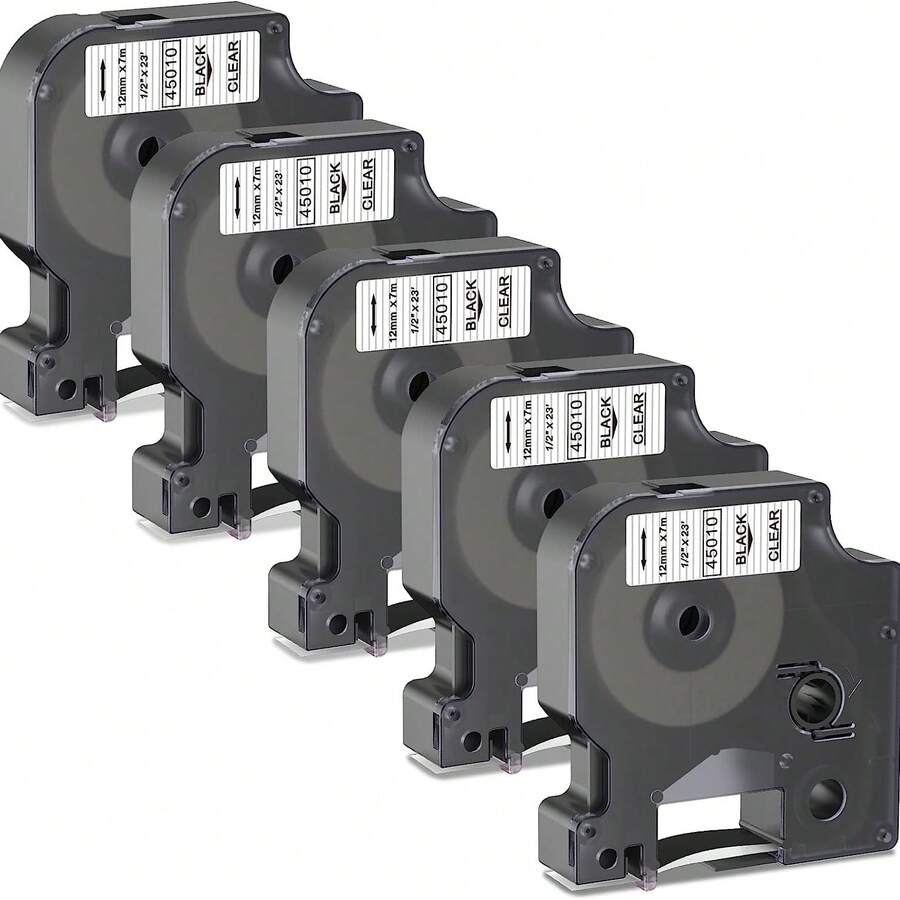 5 Packs Of 12mm Label Tape Compatible With DYMO D1 Label Maker, Black On Clear, Suitable For DYMO Label Manager/Writer Printers, 12mm (1/2 Inch) X 7m - Black On Clear - View 1