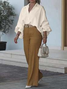 British Style Woven Lantern Sleeve Blouse Spring - Apricot - View 2