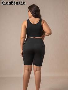 XianBinXiu 1pc Plus Size Women's Knee Length Yoga Cycling Shorts, High Elasticity Butt Lifting Curve Enhancing Workout Pants, High Waist Tummy Control Yoga Leggings, Knit Fabric Breathable Running Shorts With Pockets, Suitable For Cycling, Fitness, Running Sports - Black - View 10