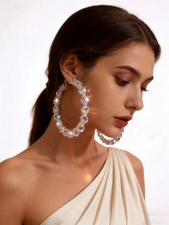 1 Pair Elegant Luxury Large Crystal Rhinestone Earrings, Sparkling And Dazzling, Embedded With Multiple Crystals, Suitable For Daily Wear, Festival Parties, Wedding Events Jewelry Accessories