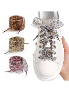2pcs New Leopard Print Shoelaces, 2.5CM Wide Sheer Ribbon Laces, Cute Leopard Pattern Satin Lace Shoelaces - Multicolor - View 3