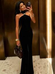 2025 Sonbahar Yeni Zarif Sırtı Açık Siyah Elbise, Metal Tokalı Süslemeli, Askılı Balık Kuyruğu Abiye Elbise, Düğün, Parti, Randevu İçin Uygun