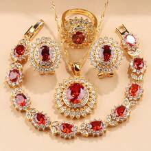 Juego de joyas de lujo de alta calidad con girasol de circonita cúbica, chapado en oro de 18K, para mujer, incluye collar, aretes, pulsera y anillo abierto, ideal para bodas, fiestas, Navidad, Acción de Gracias, Halloween, Día de San Valentín y uso diario - Rosa - Ver 15