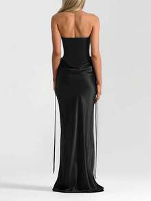 2pcs Black Satin Strapless Women's Cocktail Party Dress, Elegant Style For Spring/Summer - Black - View 3