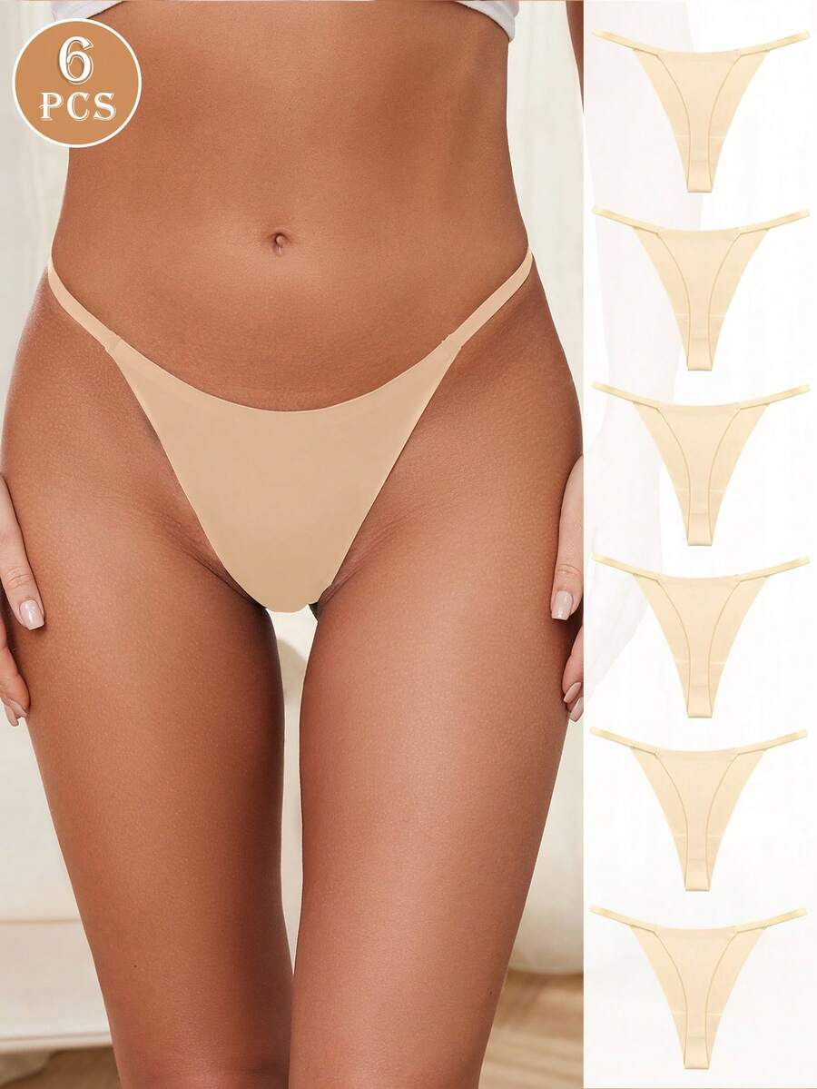 6pcs/Pack Low Waist Sexy Thong Panties, Seamless V-Shape Briefs, Women's Daily Wear Underwear - Apricot - View 1