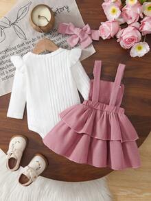 3件套女婴休闲时尚可爱白色天鹅绒针织竖条纹长袖连体衣、粉色蝴蝶结刺绣双层蛋糕吊带裙和粉色发带三件套，春秋季