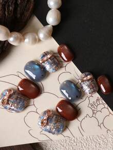 10片装亚克力按压式美甲，条纹网格蝴蝶结棕色蓝色短款美甲，假指甲，日常佩戴，办公室美甲套装，包含1张粘合贴片和1个迷你指甲锉，手工制作按压式美甲 - 彩色 - 查看 3