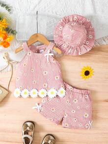 3件套雏菊印花无袖上衣配蝴蝶结领和荷叶边短裤，可爱套装 - 粉色 - 查看 1