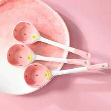 1/2/5/10pcs Strawberry Ceramic Long Handle Soup Spoon, Household Tablespoon, Dessert Spoon, Pink Series