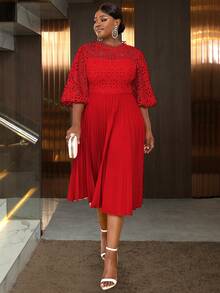 Plus Size Solid Color Lace Patchwork Lantern Sleeve Dress - Red - View 4