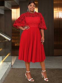 Plus Size Solid Color Lace Patchwork Lantern Sleeve Dress - Red - View 5