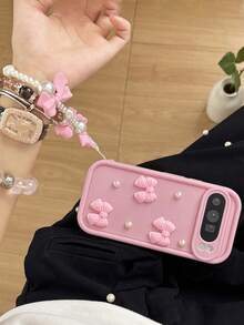 3D Bow Pearl Anti-Shock Matte Full Coverage Phone Case With Bow Wrist Strap, Designed For Pixel 8 Pro/8A/9 Pro XL, Provides Shock Protection - Pink - View 3