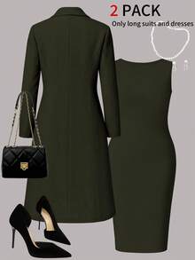 Plus Size Women's New Elegant 2-Piece Set, Solid Color Minimalist Versatile Long Cardigan Jacket + Sleeveless Bodycon Midi Dress, Suitable For Commuting And Daily Wear, Autumn/Winter Spring - Green 29 - View 4