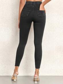 Women High Waist Jeggings Tummy Control Skinny Jeans Pull On Leggings With Pockets  Casual - 黑色 - 查看 3