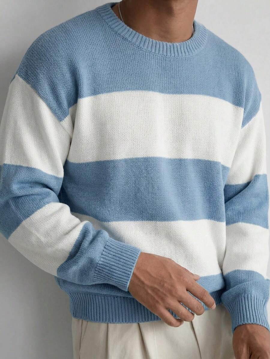 Casual Loose Fit Striped Round Neck Long Sleeve Knit Pullover Sweater, Unisex Style, Spring/Autumn/Winter - Baby Blue - View 1