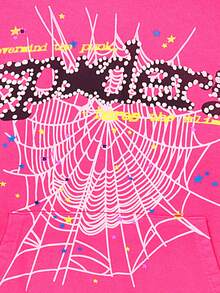 Men's Hip Hop Spider Web Pattern Graphic Alphabet Print Y2k Sp5der Rose Red Hoodie, Drop-Shoulder Long-Sleeved Top, Kawaii Pullover Unisex - 粉色 - 查看 5