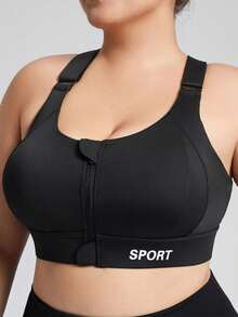 1pc Women Sports Bra, Crossback High Impact Full Coverage Sports Bra, Letter Print Decor, Suitable For Activewear, Plus Size Sports Bra Comfortable And Supportive - Black - View 5