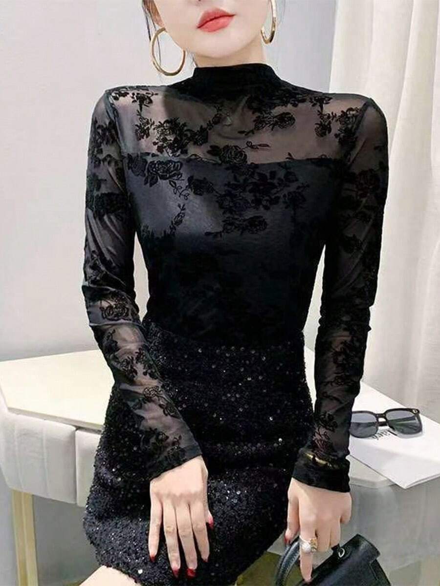 Francés picante chica sexy hueco diseño medio cuello alto encaje bottoming camisa otoño e invierno nuevo Slim blusa delgada blusas elegantes dama - Negro - Ver 1