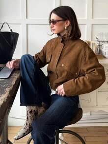 Women's Stand Collar Loose Fit Jacket Long Sleeve Pocket Streetwear Coat - Olive Green - View 1