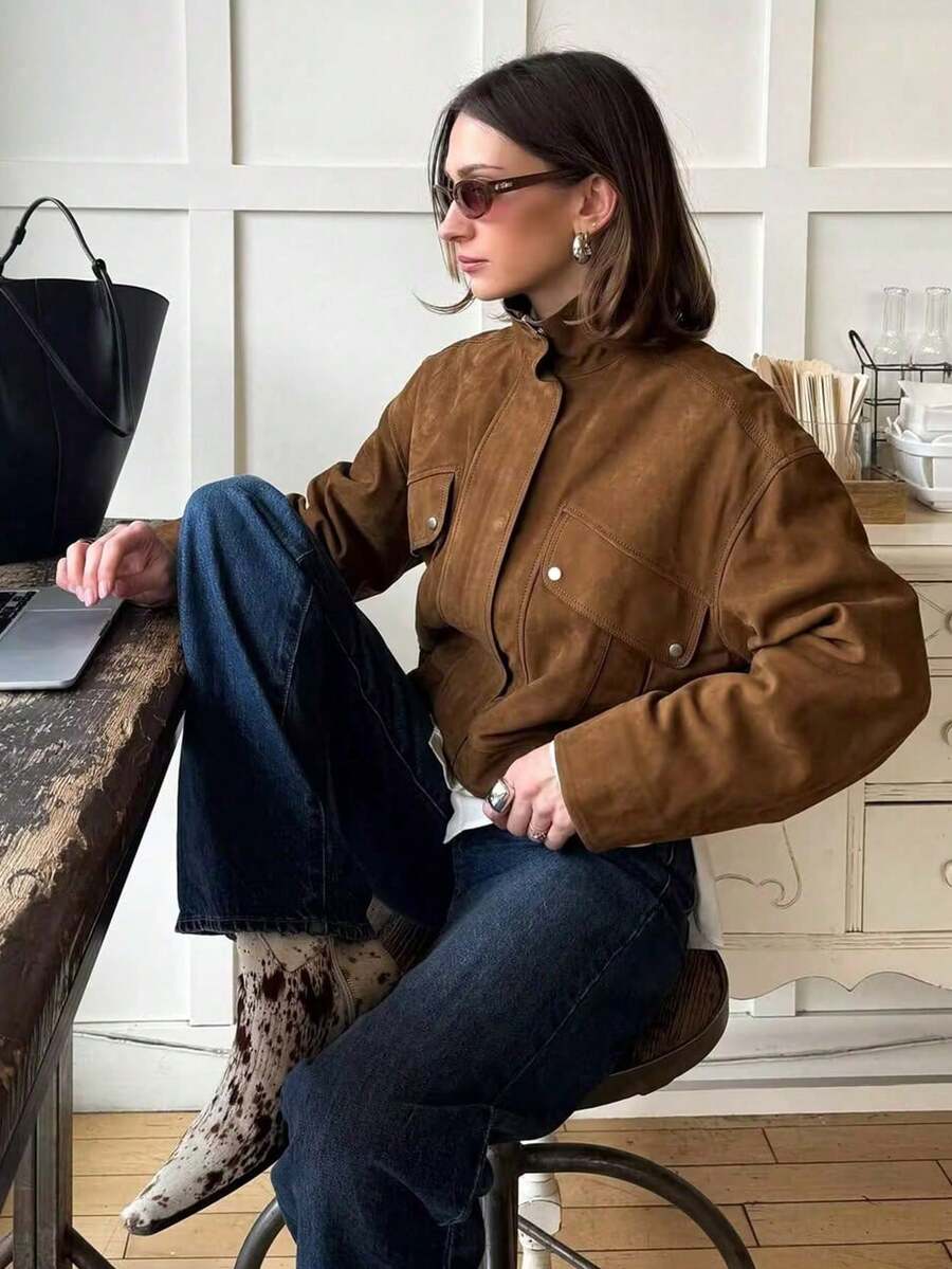 Women's Stand Collar Loose Fit Jacket Long Sleeve Pocket Streetwear Coat - Olive Green - View 1