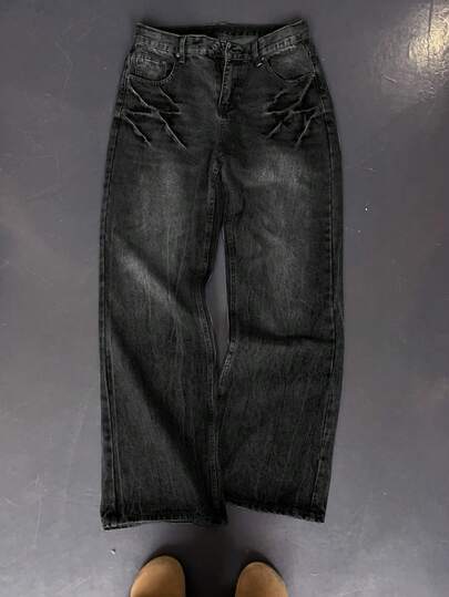 Quần jeans nam màu xanh đậm, dáng rộng, ống suông, phong cách vintage retro, dáng oversized, phong cách streetwear.